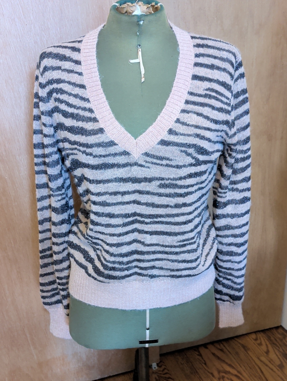 Joie Pink & Gray Striped V-Neck Sweater